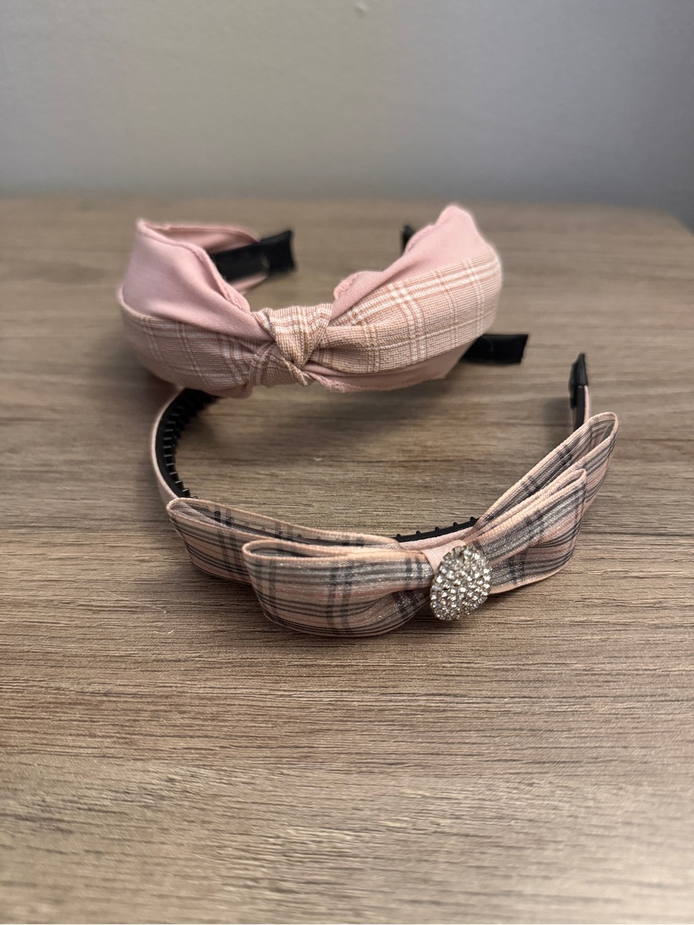 Plaid Pink Knotted Headband with Crystal Accent Set 2 - Picture 7 of 7